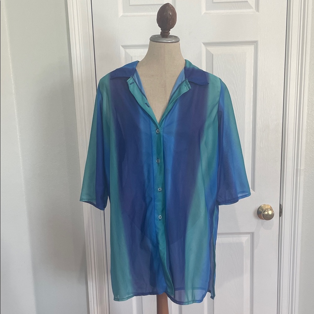Vintage figure magic Striped button down blouse Shirt cover-up blue green size M